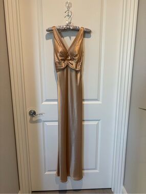 Allure Noir Champagne Gold Twist-Front Satin Maxi Dress
